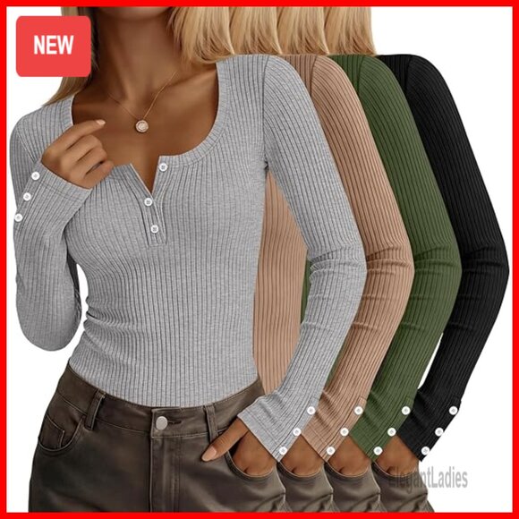 Tops - Long Sleeve Henley Shirts Slim Fit Ribbed Knit Tops 4 Pack